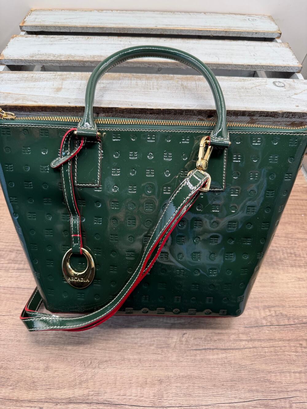 ARCADIA Italy Emerald Green Embossed Patent Leather Satchel/ Tote Bag /Shoulder⁠